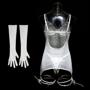 Sequins featured ladies nightclub style steel ring gathered gloves tie rope three - piece set - Negative Apparel