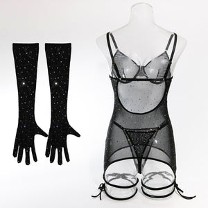 Sequins featured ladies nightclub style steel ring gathered gloves tie rope three - piece set - Negative Apparel