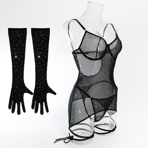 Sequins featured ladies nightclub style steel ring gathered gloves tie rope three - piece set - Negative Apparel