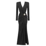 Serene Siren | V - Neck Long Sleeve Pleated Cross Maxi Dress - Negative Apparel
