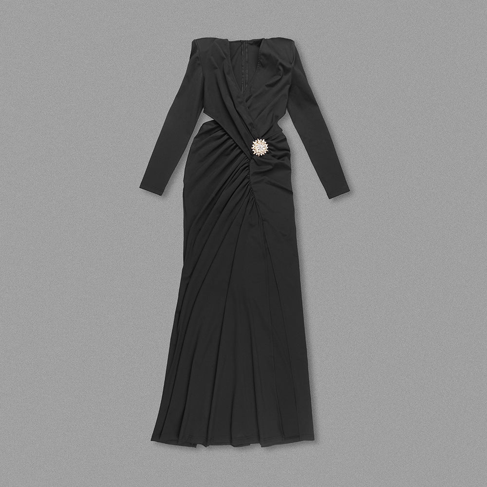 Serene Siren | V - Neck Long Sleeve Pleated Cross Maxi Dress - Negative Apparel