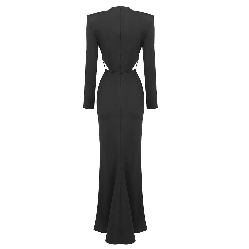 Serene Siren | V - Neck Long Sleeve Pleated Cross Maxi Dress - Negative Apparel