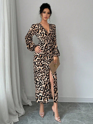 Sexy Animal Leopard Print V - Neck Bodycon Slit Puff Sleeve Elegant Dress Maxi Women Outfit - Negative Apparel