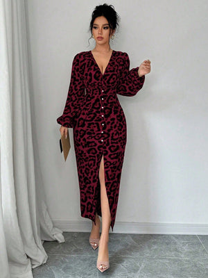 Sexy Animal Leopard Print V - Neck Bodycon Slit Puff Sleeve Elegant Dress Maxi Women Outfit - Negative Apparel