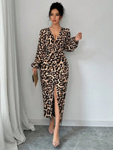 Sexy Animal Leopard Print V - Neck Bodycon Slit Puff Sleeve Elegant Dress Maxi Women Outfit - Negative Apparel