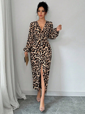 Sexy Animal Leopard Print V - Neck Bodycon Slit Puff Sleeve Elegant Dress Maxi Women Outfit - Negative Apparel