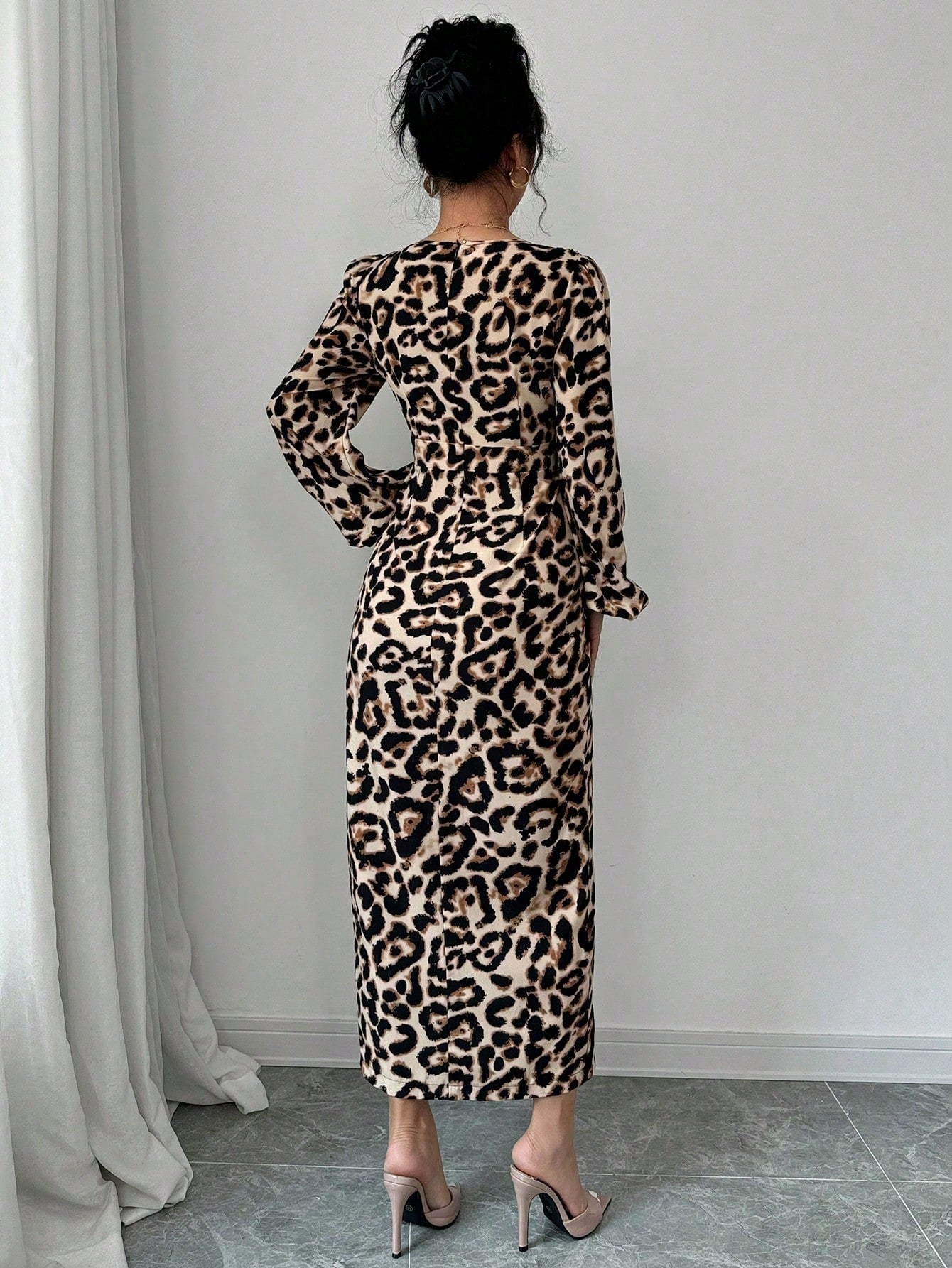 Sexy Animal Leopard Print V - Neck Bodycon Slit Puff Sleeve Elegant Dress Maxi Women Outfit - Negative Apparel