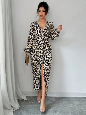 Sexy Animal Leopard Print V - Neck Bodycon Slit Puff Sleeve Elegant Dress Maxi Women Outfit - Negative Apparel