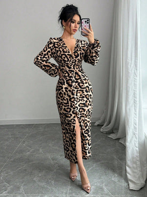 Sexy Animal Leopard Print V - Neck Bodycon Slit Puff Sleeve Elegant Dress Maxi Women Outfit - Negative Apparel