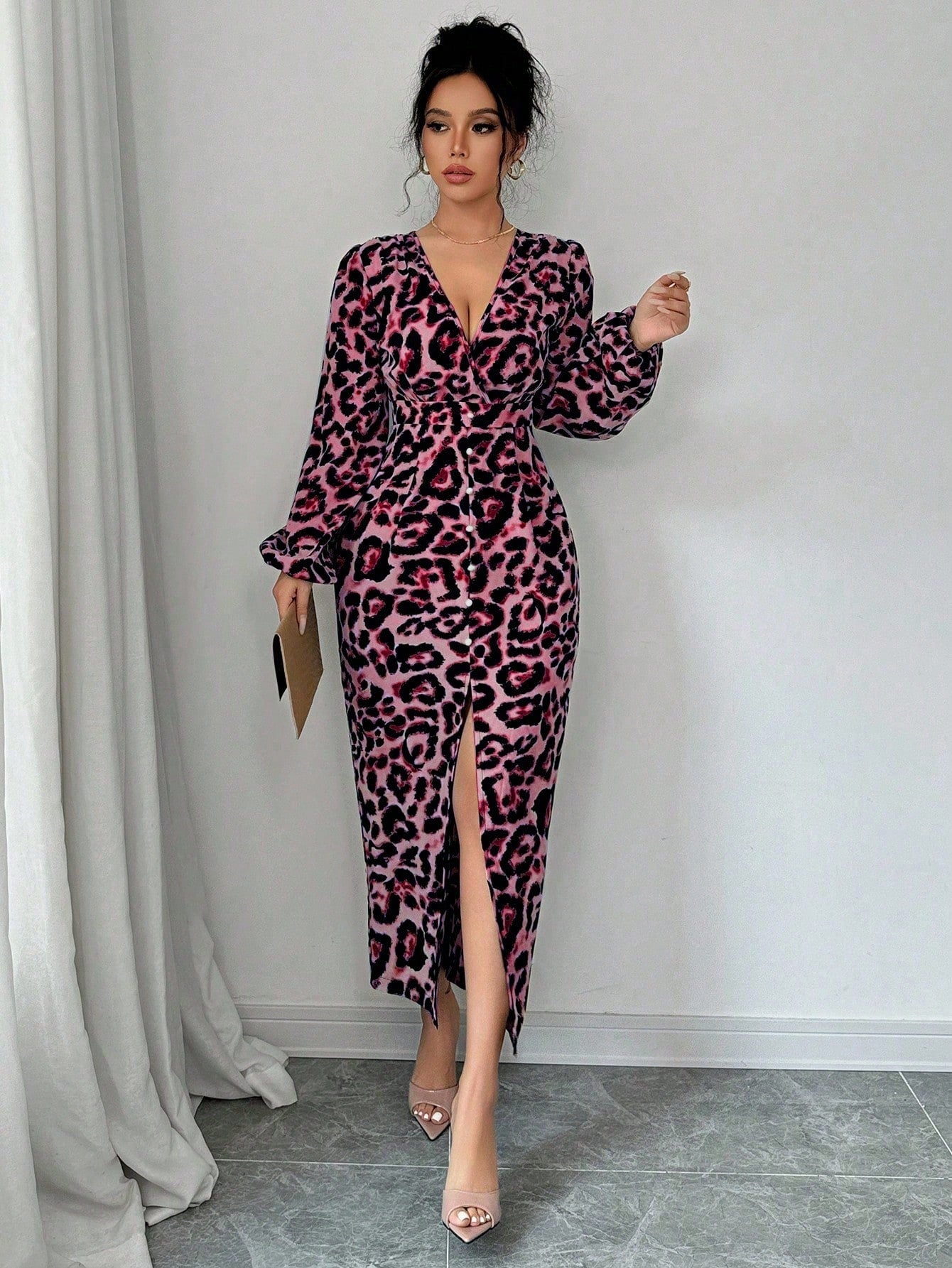 Sexy Animal Leopard Print V - Neck Bodycon Slit Puff Sleeve Elegant Dress Maxi Women Outfit - Negative Apparel