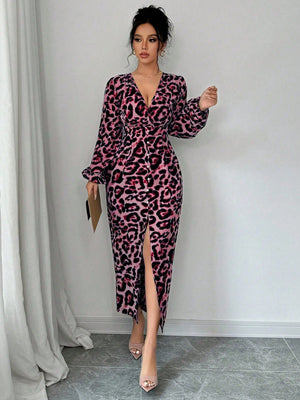 Sexy Animal Leopard Print V - Neck Bodycon Slit Puff Sleeve Elegant Dress Maxi Women Outfit - Negative Apparel