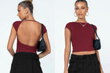 Sexy Backless Slim Fit Short Sleeve Top for Women – Seamless Nylon & Spandex, Streetwear Round Neck Summer Tee - Negative Apparel