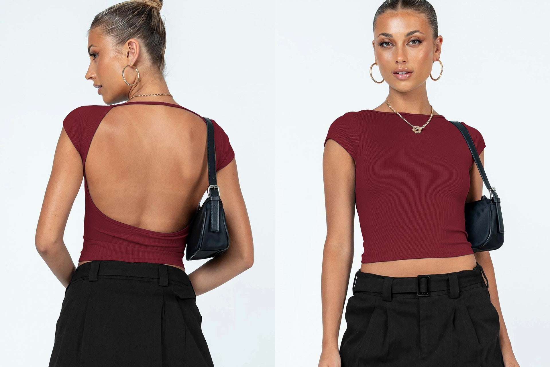 Sexy Backless Slim Fit Short Sleeve Top for Women – Seamless Nylon & Spandex, Streetwear Round Neck Summer Tee - Negative Apparel