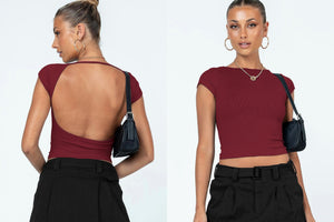 Sexy Backless Slim Fit Short Sleeve Top for Women – Seamless Nylon & Spandex, Streetwear Round Neck Summer Tee - Negative Apparel