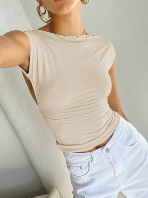 Sexy Backless Slim Fit Short Sleeve Top for Women – Seamless Nylon & Spandex, Streetwear Round Neck Summer Tee - Negative Apparel