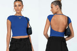 Sexy Backless Slim Fit Short Sleeve Top for Women – Seamless Nylon & Spandex, Streetwear Round Neck Summer Tee - Negative Apparel
