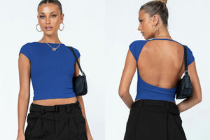 Sexy Backless Slim Fit Short Sleeve Top for Women – Seamless Nylon & Spandex, Streetwear Round Neck Summer Tee - Negative Apparel