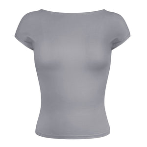 Sexy Backless Slim Fit Short Sleeve Top for Women – Seamless Nylon & Spandex, Streetwear Round Neck Summer Tee - Negative Apparel