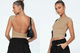 Sexy Backless Slim Fit Short Sleeve Top for Women – Seamless Nylon & Spandex, Streetwear Round Neck Summer Tee - Negative Apparel