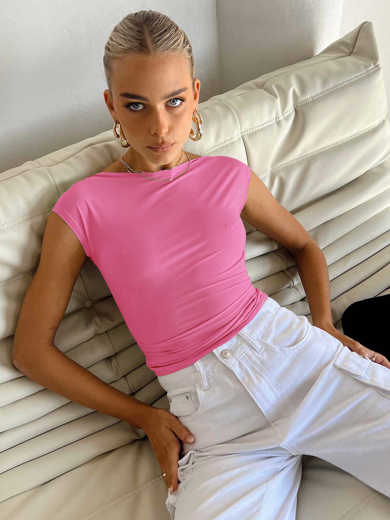 Sexy Backless Slim Fit Short Sleeve Top for Women – Seamless Nylon & Spandex, Streetwear Round Neck Summer Tee - Negative Apparel