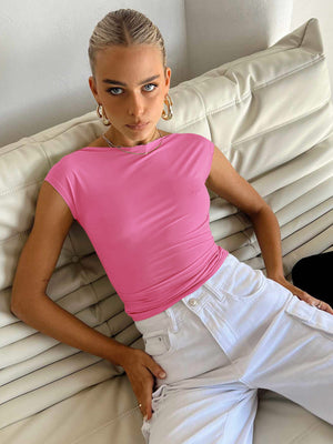 Sexy Backless Slim Fit Short Sleeve Top for Women – Seamless Nylon & Spandex, Streetwear Round Neck Summer Tee - Negative Apparel