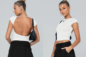 Sexy Backless Slim Fit Short Sleeve Top for Women – Seamless Nylon & Spandex, Streetwear Round Neck Summer Tee - Negative Apparel