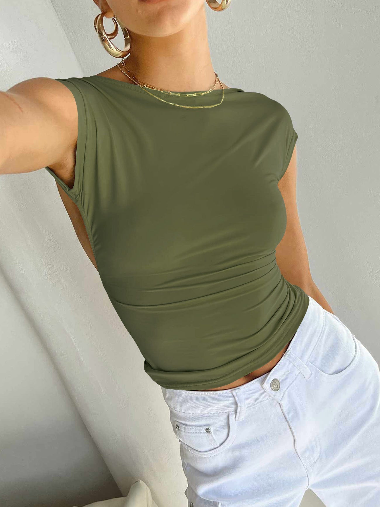 Sexy Backless Slim Fit Short Sleeve Top for Women – Seamless Nylon & Spandex, Streetwear Round Neck Summer Tee - Negative Apparel
