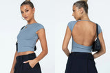 Sexy Backless Slim Fit Short Sleeve Top for Women – Seamless Nylon & Spandex, Streetwear Round Neck Summer Tee - Negative Apparel