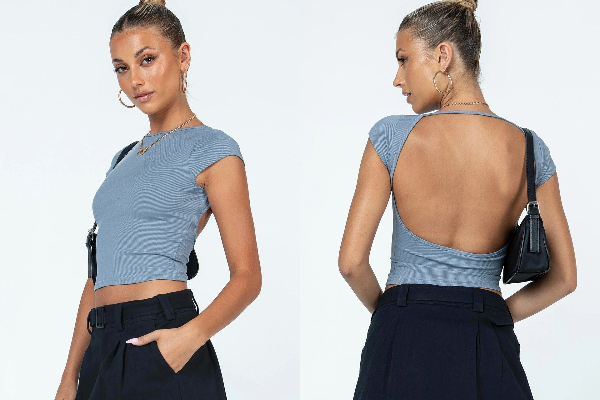 Sexy Backless Slim Fit Short Sleeve Top for Women – Seamless Nylon & Spandex, Streetwear Round Neck Summer Tee - Negative Apparel
