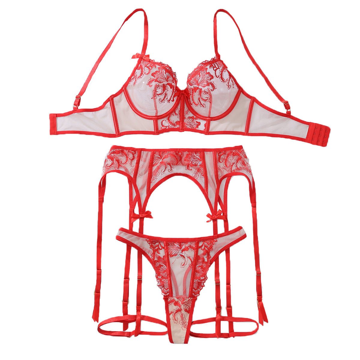 Sexy flower lace perspective hollow body sculpting sexy underwear split four - piece - Negative Apparel