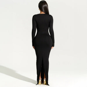 Sexy hot girl slim fit long sleeve oblique collar back slit dress - Negative Apparel