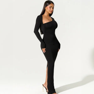 Sexy hot girl slim fit long sleeve oblique collar back slit dress - Negative Apparel