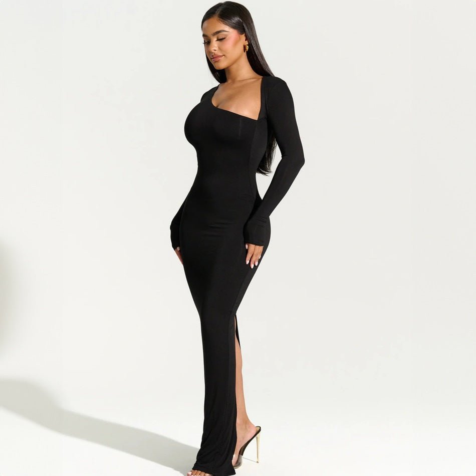 Sexy hot girl slim fit long sleeve oblique collar back slit dress - Negative Apparel