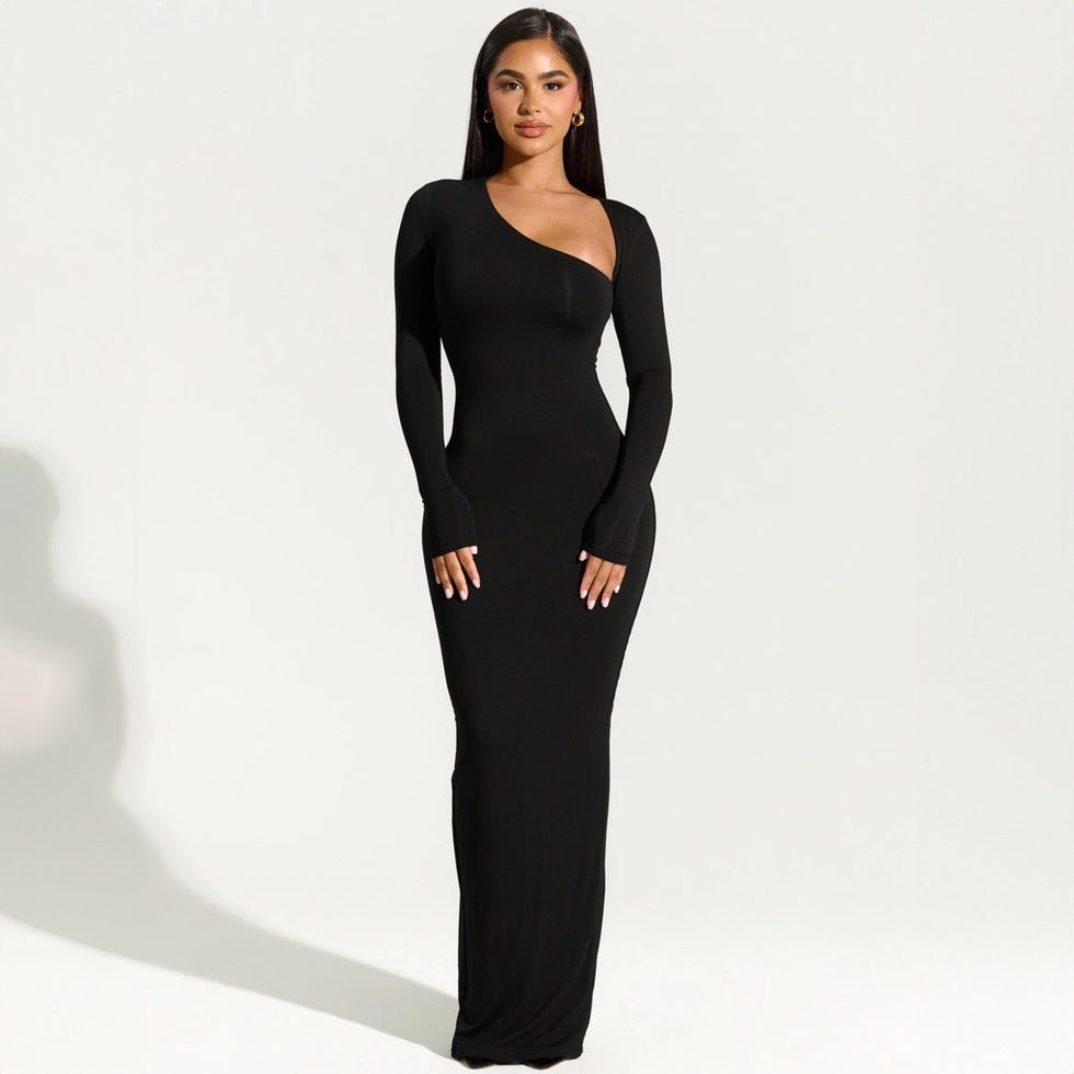 Sexy hot girl slim fit long sleeve oblique collar back slit dress - Negative Apparel