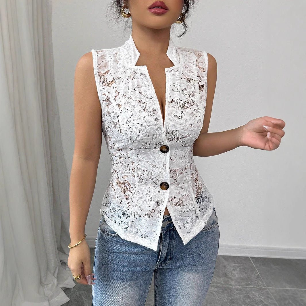 Sexy light and familiar hollow chest jacquard design perspective lapel tight lace cardigan - Negative Apparel