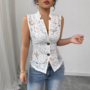 Sexy light and familiar hollow chest jacquard design perspective lapel tight lace cardigan - Negative Apparel