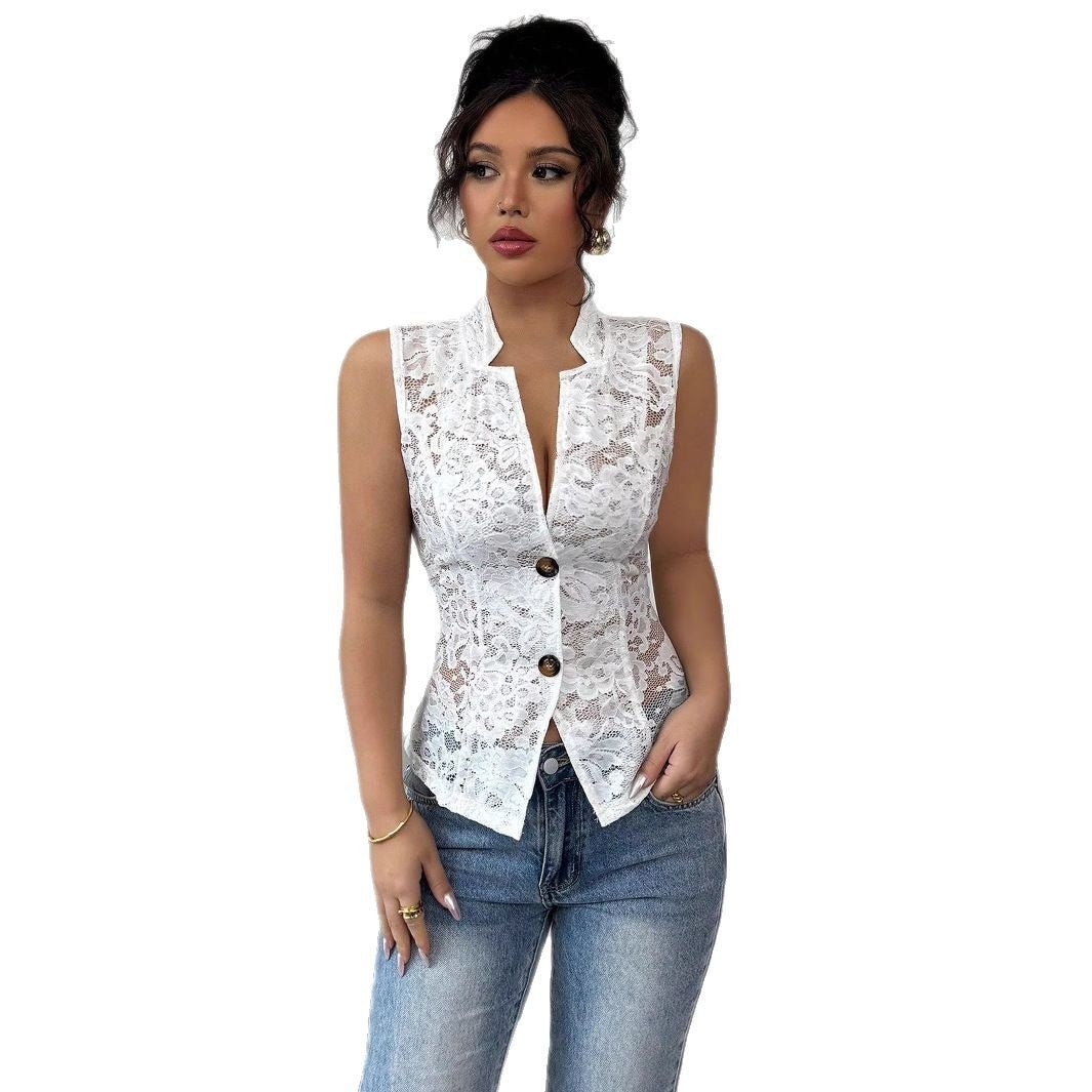 Sexy light and familiar hollow chest jacquard design perspective lapel tight lace cardigan - Negative Apparel