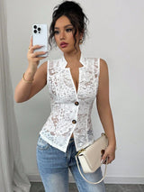 Sexy light and familiar hollow chest jacquard design perspective lapel tight lace cardigan - Negative Apparel