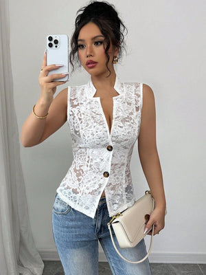 Sexy light and familiar hollow chest jacquard design perspective lapel tight lace cardigan - Negative Apparel