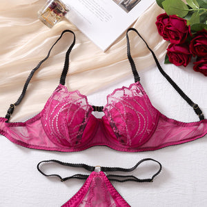 Sexy lingerie set transparent comfortable mesh gathered bra three - piece set - Negative Apparel