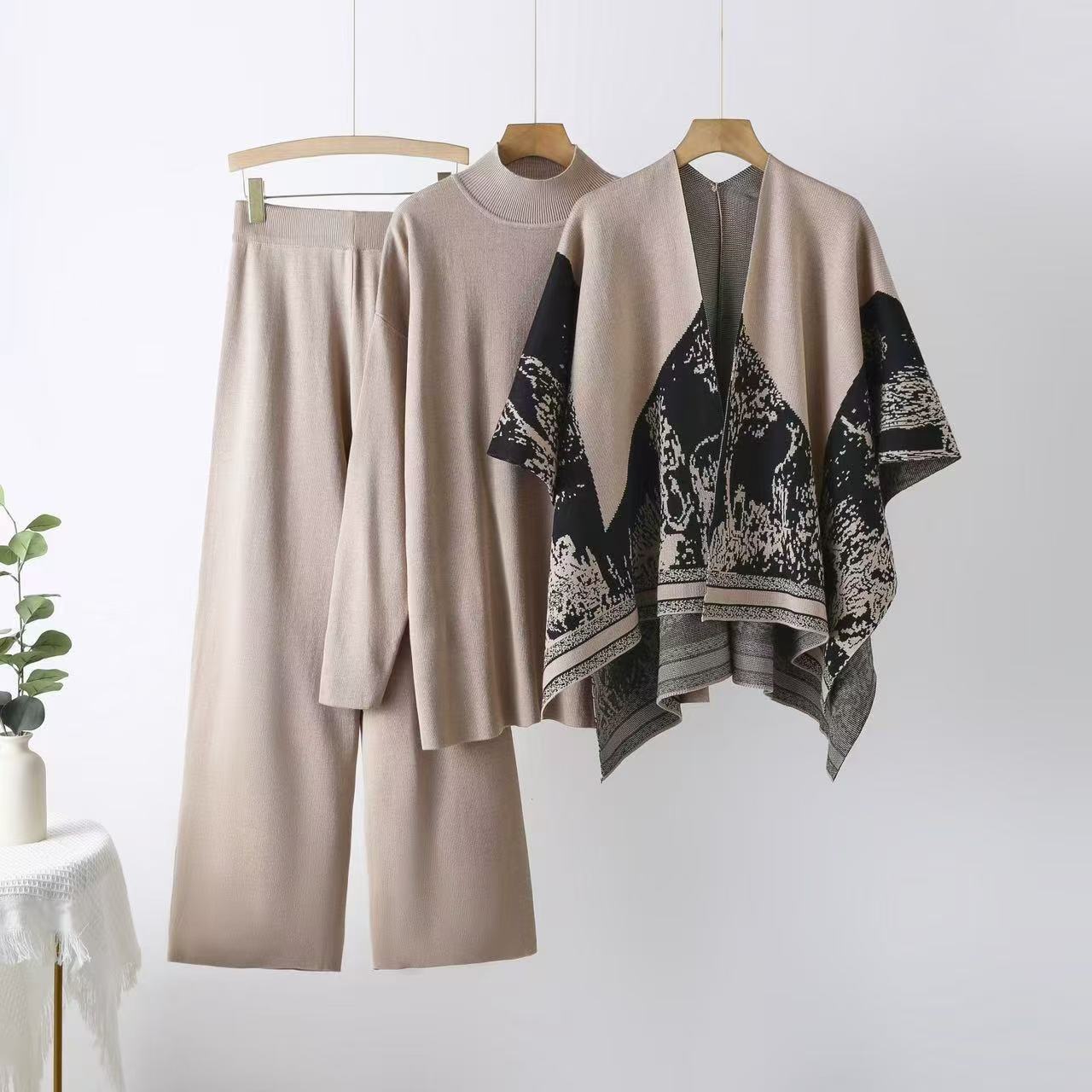 Shawl jacket spring and autumn sweater loose wide - leg pants three - piece fashion casual jacket knitted suit - Negative Apparel