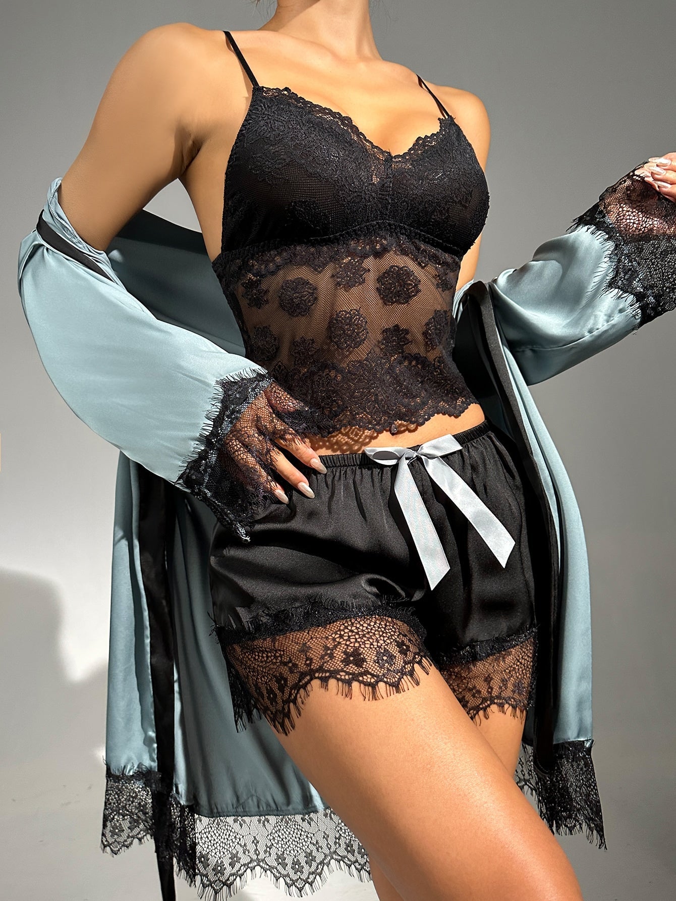 Sheer Lace Cami With Belted Robe & Shorts Night Set - Negative Apparel