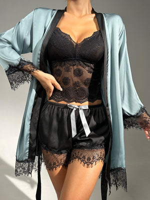 Sheer Lace Cami With Belted Robe & Shorts Night Set - Negative Apparel