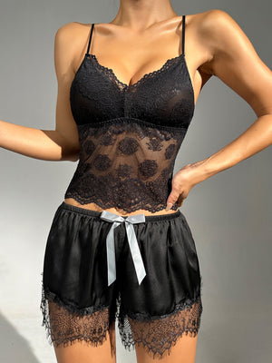 Sheer Lace Cami With Belted Robe & Shorts Night Set - Negative Apparel