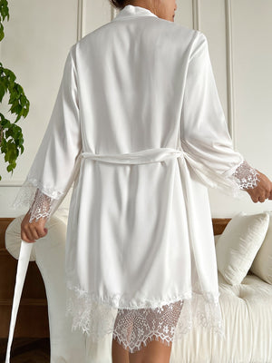 Sheer Lace Cami With Belted Robe & Shorts Night Set - Negative Apparel