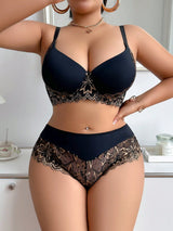 SHEIN 2pcs/Set Plus Size Lingerie Set, Lift & Support Bra With Sexy Lace Patchwork Design And Matching Panty - Negative Apparel