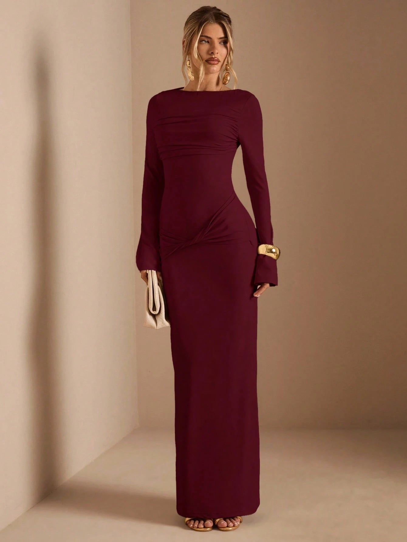 SHEIN BAE Apricot Long Sleeve Knitted Ruched Waist Twist Hem Straight Dress, Elegant Dress, Date Dress, Bridesmaid Dress, Birthday Party Dress, Apricot Color Dress, Autumn/Winter Layering Dress,Red Dresses For Women,Women Elegant Dress Marroon Dress - Negative Apparel