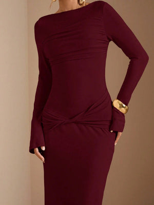 SHEIN BAE Apricot Long Sleeve Knitted Ruched Waist Twist Hem Straight Dress, Elegant Dress, Date Dress, Bridesmaid Dress, Birthday Party Dress, Apricot Color Dress, Autumn/Winter Layering Dress,Red Dresses For Women,Women Elegant Dress Marroon Dress - Negative Apparel