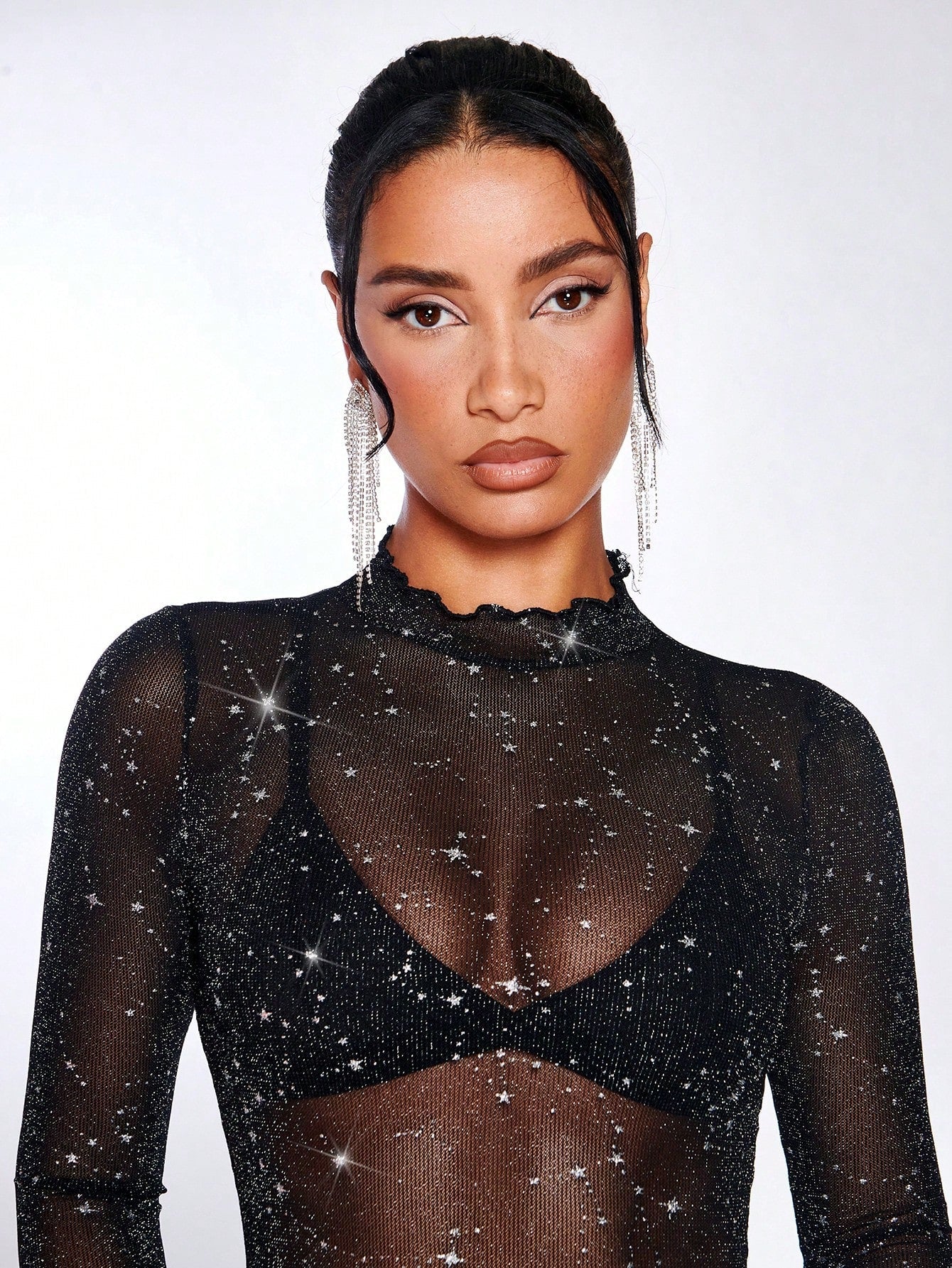SHEIN BAE Lettuce Edge Glitter Mesh Top Without Bra - Negative Apparel