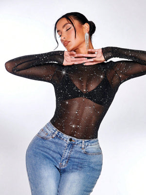 SHEIN BAE Lettuce Edge Glitter Mesh Top Without Bra - Negative Apparel